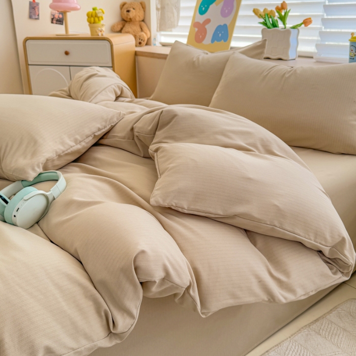 91家纺网 家纺一手货源 找家纺 2026跨境外贸纯色双拼韩国提花棉四件套单被套单床单床笠单品简约素色纯色被套四件套北欧风水洗棉磨毛 T卡其