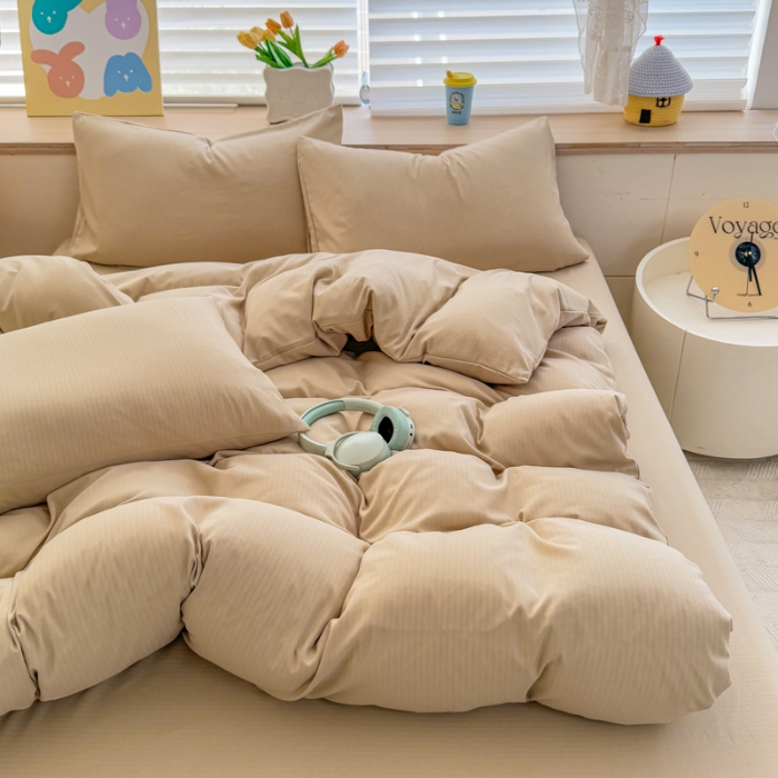 91家纺网 家纺一手货源 找家纺 2026跨境外贸纯色双拼韩国提花棉四件套单被套单床单床笠单品简约素色纯色被套四件套北欧风水洗棉磨毛 T卡其