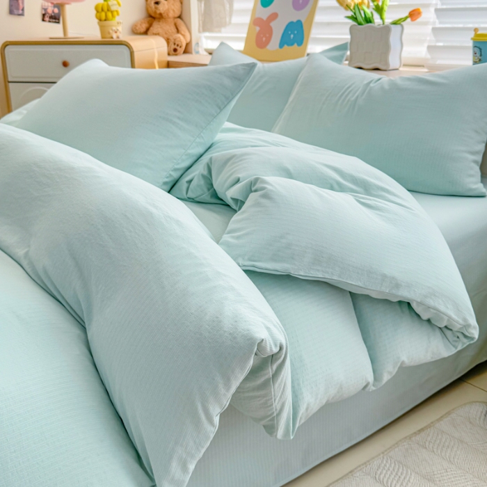 91家纺网 家纺一手货源 找家纺 2026跨境外贸纯色双拼韩国提花棉四件套单被套单床单床笠单品简约素色纯色被套四件套北欧风水洗棉磨毛 T水绿