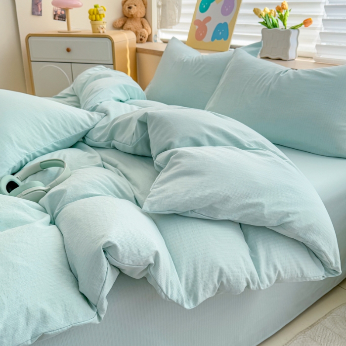 91家纺网 家纺一手货源 找家纺 2026跨境外贸纯色双拼韩国提花棉四件套单被套单床单床笠单品简约素色纯色被套四件套北欧风水洗棉磨毛 T水绿