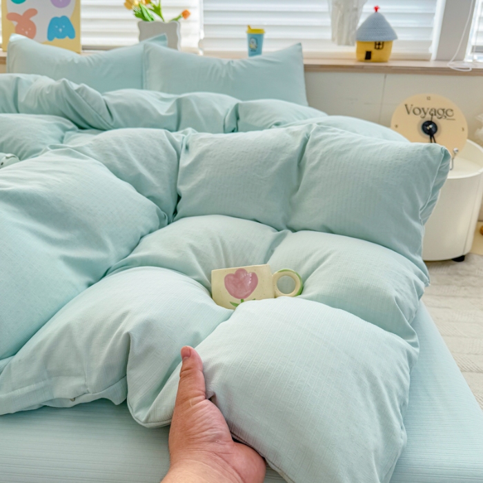 91家纺网 家纺一手货源 找家纺 2026跨境外贸纯色双拼韩国提花棉四件套单被套单床单床笠单品简约素色纯色被套四件套北欧风水洗棉磨毛 T水绿