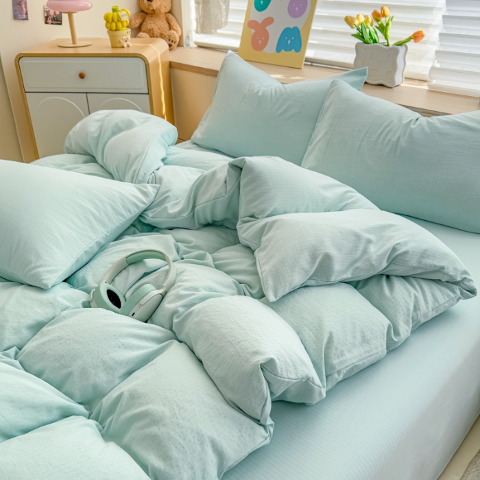 91家纺网 家纺一手货源 找家纺 2026跨境外贸纯色双拼韩国提花棉四件套单被套单床单床笠单品简约素色纯色被套四件套北欧风水洗棉磨毛 T水绿