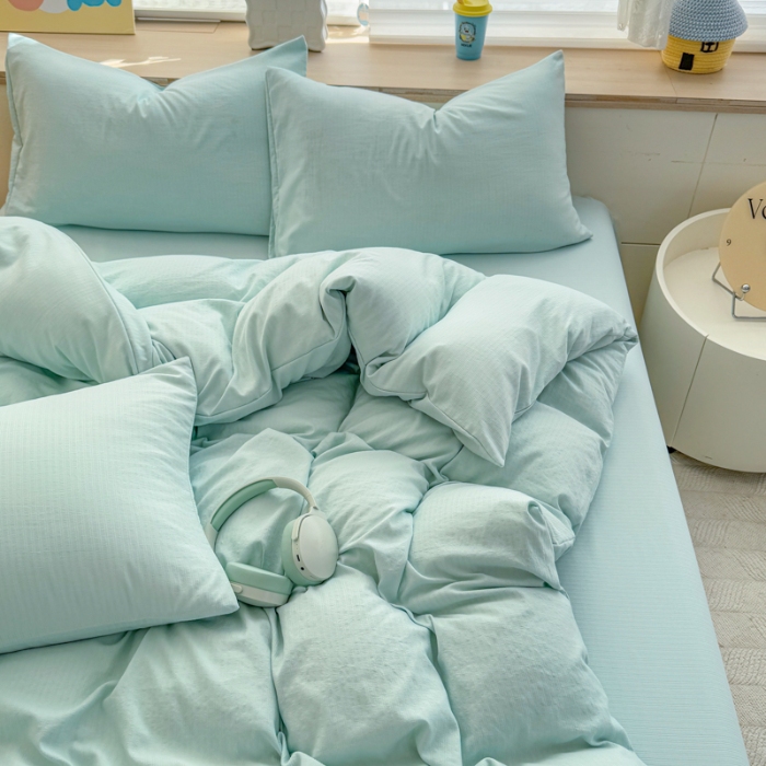 91家纺网 家纺一手货源 找家纺 2026跨境外贸纯色双拼韩国提花棉四件套单被套单床单床笠单品简约素色纯色被套四件套北欧风水洗棉磨毛 T水绿