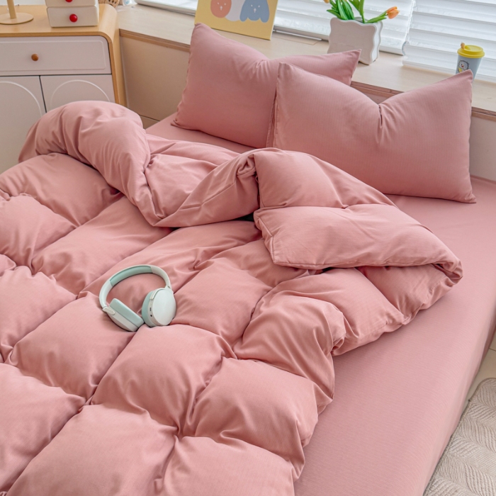 91家纺网 家纺一手货源 找家纺 2026跨境外贸纯色双拼韩国提花棉四件套单被套单床单床笠单品简约素色纯色被套四件套北欧风水洗棉磨毛 T豆沙