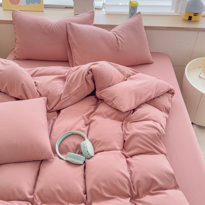 91家纺网 家纺一手货源 找家纺 2026跨境外贸纯色双拼韩国提花棉四件套单被套单床单床笠单品简约素色纯色被套四件套北欧风水洗棉磨毛 T豆沙