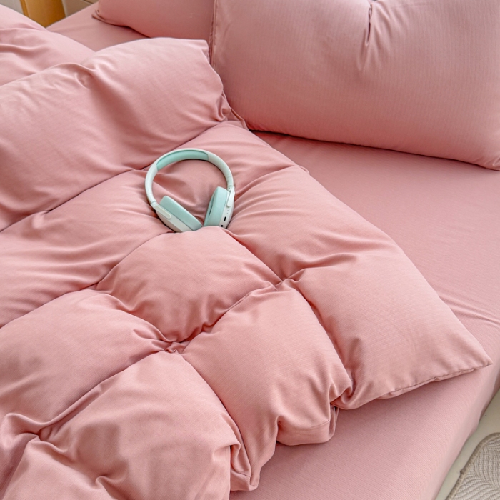 91家纺网 家纺一手货源 找家纺 2026跨境外贸纯色双拼韩国提花棉四件套单被套单床单床笠单品简约素色纯色被套四件套北欧风水洗棉磨毛 T豆沙