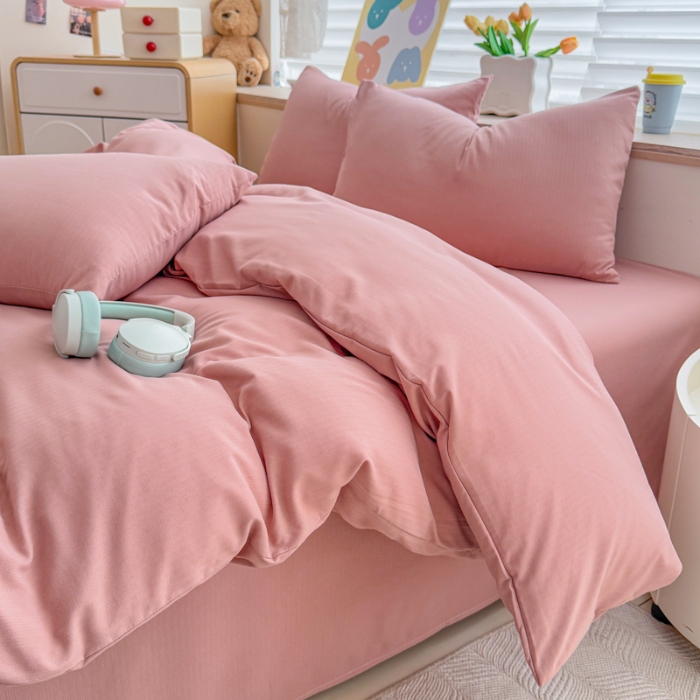 91家纺网 家纺一手货源 找家纺 2026跨境外贸纯色双拼韩国提花棉四件套单被套单床单床笠单品简约素色纯色被套四件套北欧风水洗棉磨毛 T豆沙