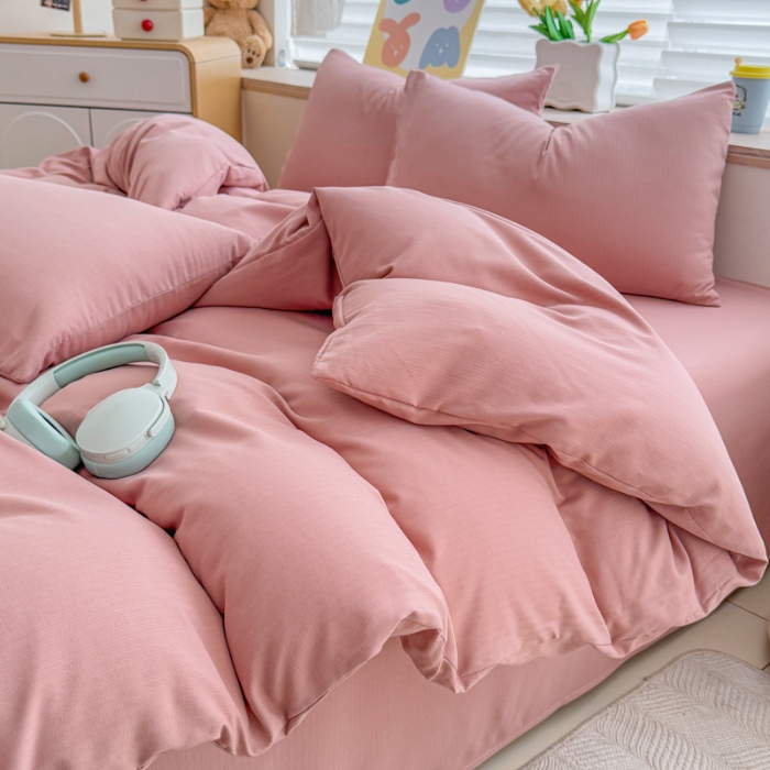 91家纺网 家纺一手货源 找家纺 2026跨境外贸纯色双拼韩国提花棉四件套单被套单床单床笠单品简约素色纯色被套四件套北欧风水洗棉磨毛 T豆沙