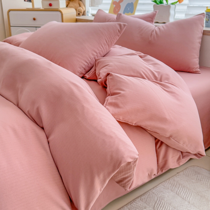 91家纺网 家纺一手货源 找家纺 2026跨境外贸纯色双拼韩国提花棉四件套单被套单床单床笠单品简约素色纯色被套四件套北欧风水洗棉磨毛 T豆沙