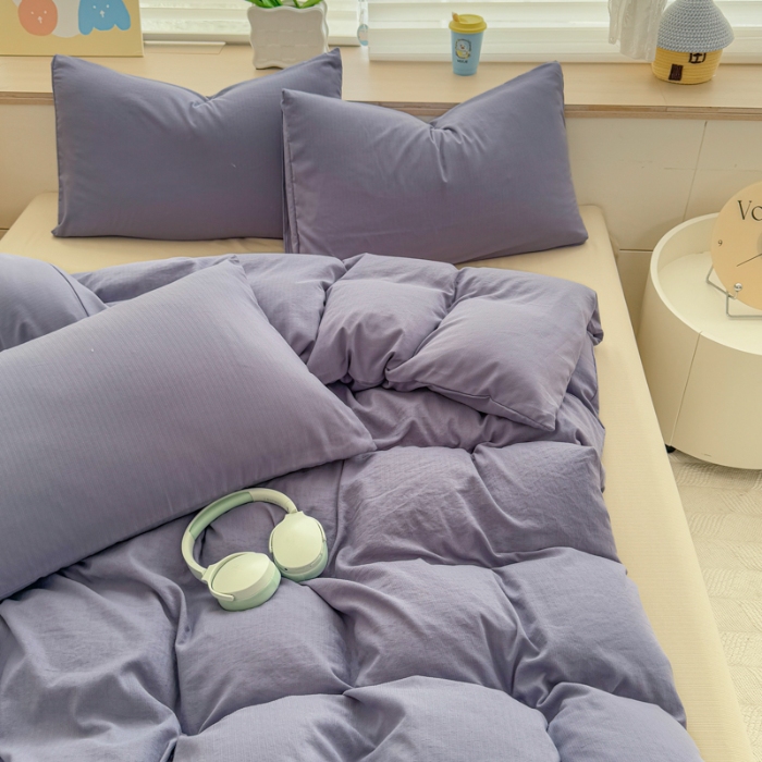 91家纺网 家纺一手货源 找家纺 2026跨境外贸纯色双拼韩国提花棉四件套单被套单床单床笠单品简约素色纯色被套四件套北欧风水洗棉磨毛 T宝石蓝+T卡其