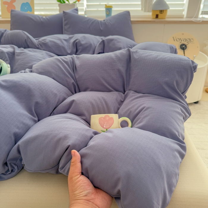 91家纺网 家纺一手货源 找家纺 2026跨境外贸纯色双拼韩国提花棉四件套单被套单床单床笠单品简约素色纯色被套四件套北欧风水洗棉磨毛 T宝石蓝+T卡其