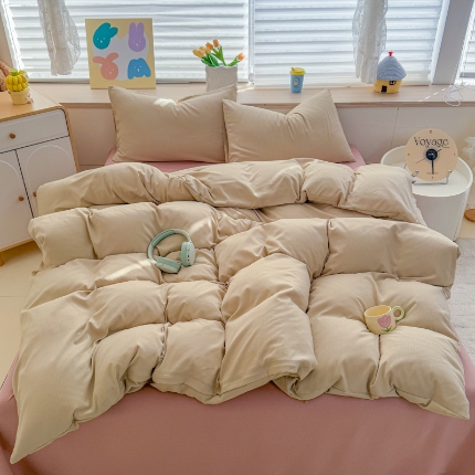2026跨境外贸纯色双拼韩国提花棉四件套单被套单床单床笠单品简约素色纯色被套四件套北欧风水洗棉磨毛 T卡其+T粉色