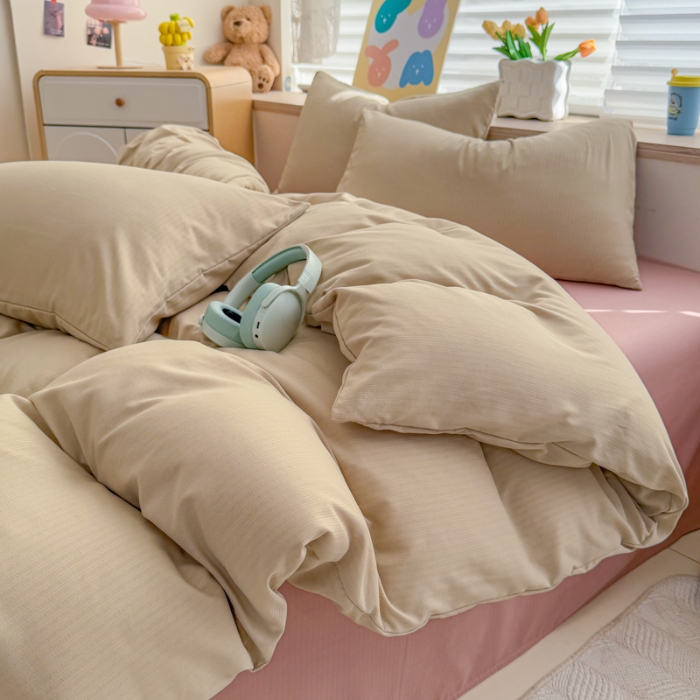 91家纺网 家纺一手货源 找家纺 2026跨境外贸纯色双拼韩国提花棉四件套单被套单床单床笠单品简约素色纯色被套四件套北欧风水洗棉磨毛 T卡其+T粉色