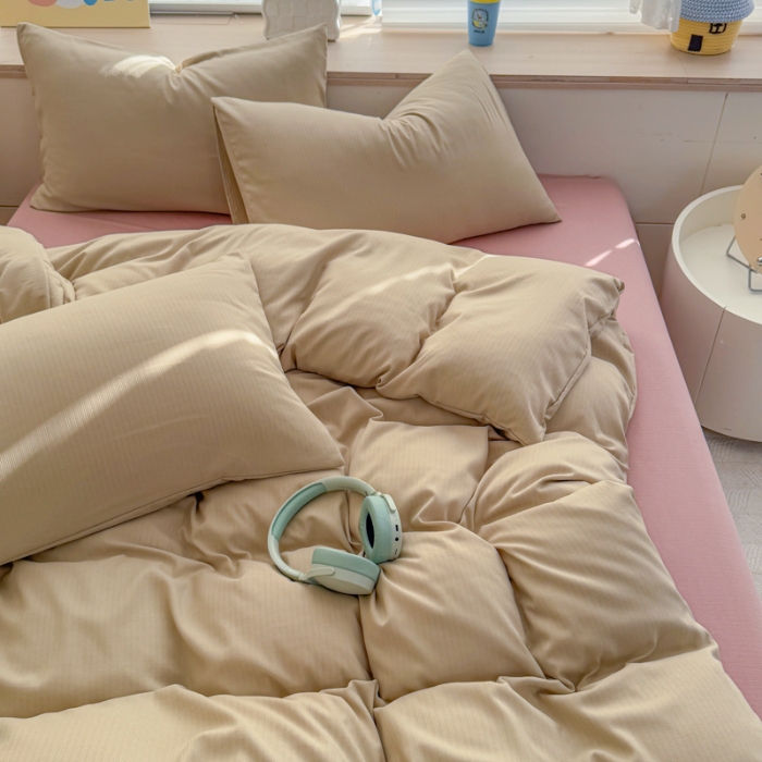 91家纺网 家纺一手货源 找家纺 2026跨境外贸纯色双拼韩国提花棉四件套单被套单床单床笠单品简约素色纯色被套四件套北欧风水洗棉磨毛 T卡其+T粉色