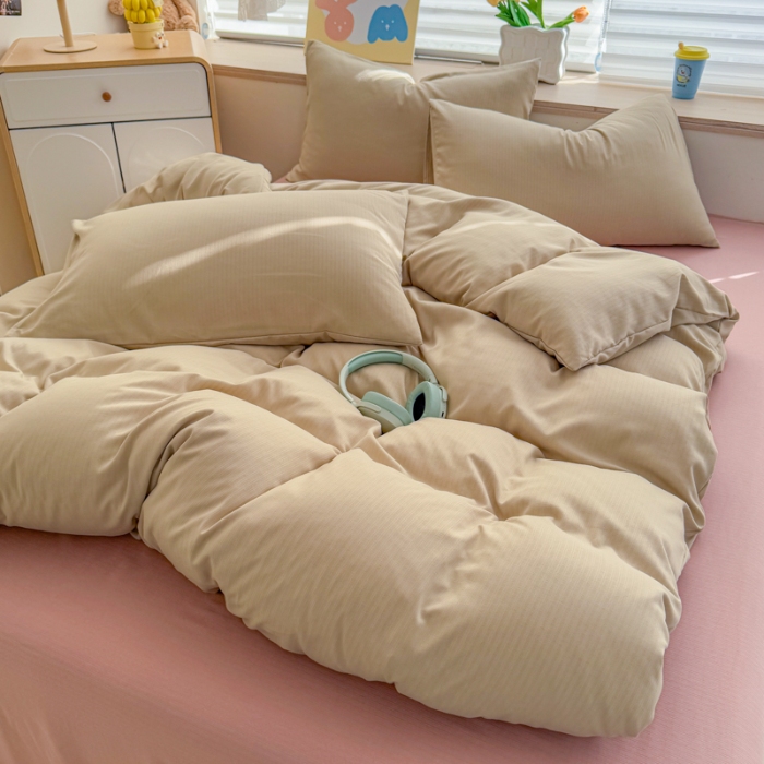 91家纺网 家纺一手货源 找家纺 2026跨境外贸纯色双拼韩国提花棉四件套单被套单床单床笠单品简约素色纯色被套四件套北欧风水洗棉磨毛 T卡其+T粉色