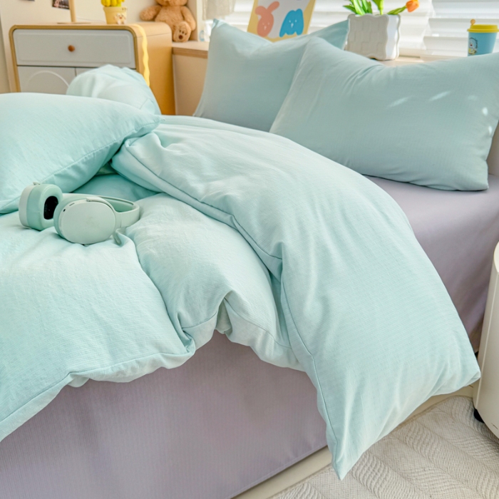 91家纺网 家纺一手货源 找家纺 2026跨境外贸纯色双拼韩国提花棉四件套单被套单床单床笠单品简约素色纯色被套四件套北欧风水洗棉磨毛 T水绿+T灰色