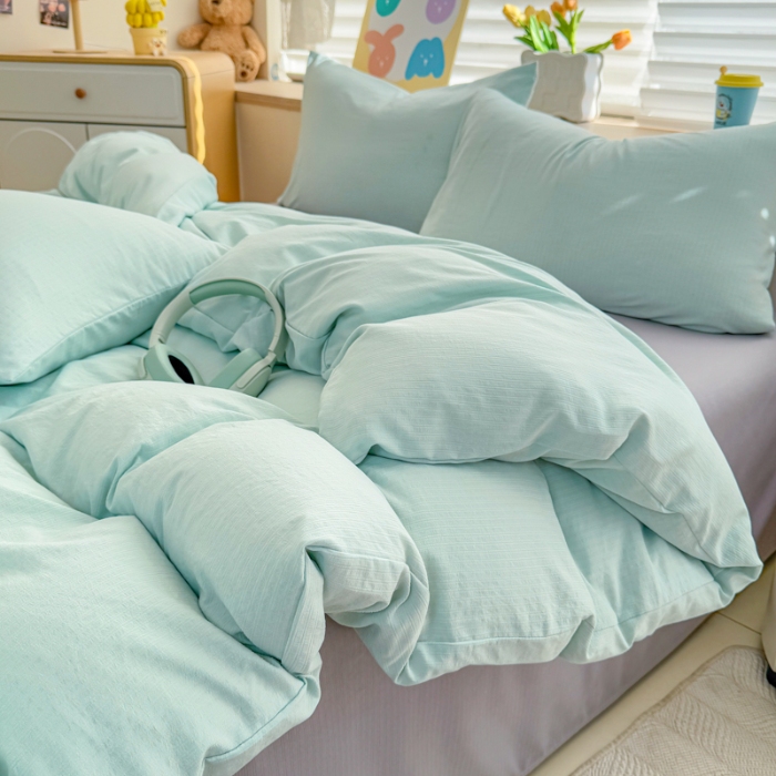 91家纺网 家纺一手货源 找家纺 2026跨境外贸纯色双拼韩国提花棉四件套单被套单床单床笠单品简约素色纯色被套四件套北欧风水洗棉磨毛 T水绿+T灰色