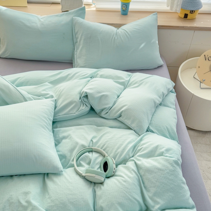 91家纺网 家纺一手货源 找家纺 2026跨境外贸纯色双拼韩国提花棉四件套单被套单床单床笠单品简约素色纯色被套四件套北欧风水洗棉磨毛 T水绿+T灰色