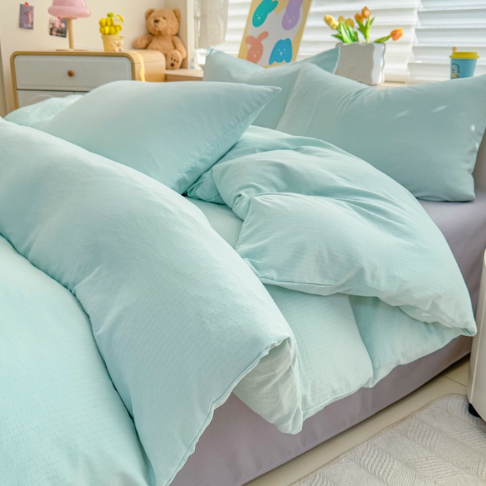 91家纺网 家纺一手货源 找家纺 2026跨境外贸纯色双拼韩国提花棉四件套单被套单床单床笠单品简约素色纯色被套四件套北欧风水洗棉磨毛 T水绿+T灰色