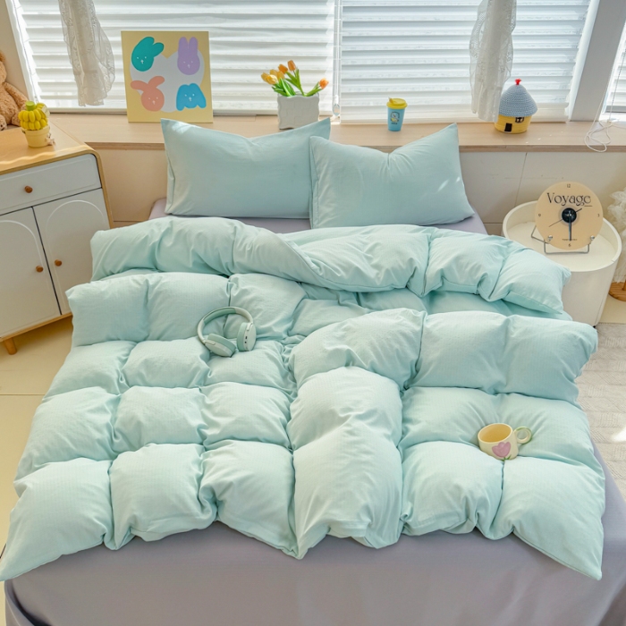 91家纺网 家纺一手货源 找家纺 2026跨境外贸纯色双拼韩国提花棉四件套单被套单床单床笠单品简约素色纯色被套四件套北欧风水洗棉磨毛 T水绿+T灰色