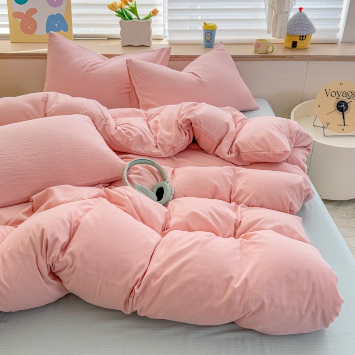 91家纺网 家纺一手货源 找家纺 2026跨境外贸纯色双拼韩国提花棉四件套单被套单床单床笠单品简约素色纯色被套四件套北欧风水洗棉磨毛 T粉色+T水绿