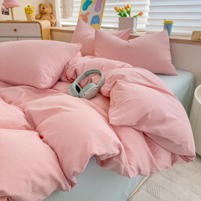 91家纺网 家纺一手货源 找家纺 2026跨境外贸纯色双拼韩国提花棉四件套单被套单床单床笠单品简约素色纯色被套四件套北欧风水洗棉磨毛 T粉色+T水绿