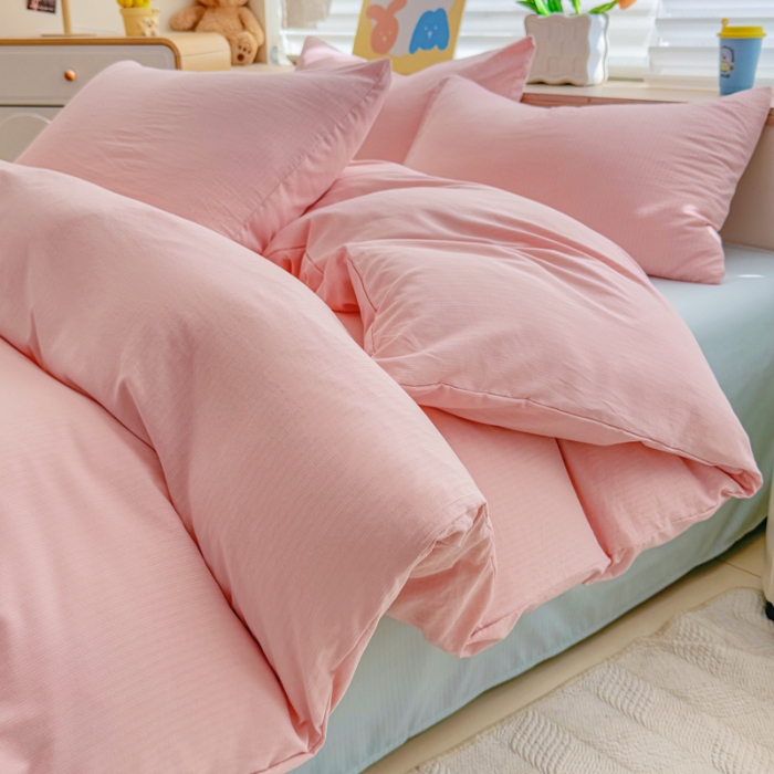 91家纺网 家纺一手货源 找家纺 2026跨境外贸纯色双拼韩国提花棉四件套单被套单床单床笠单品简约素色纯色被套四件套北欧风水洗棉磨毛 T粉色+T水绿