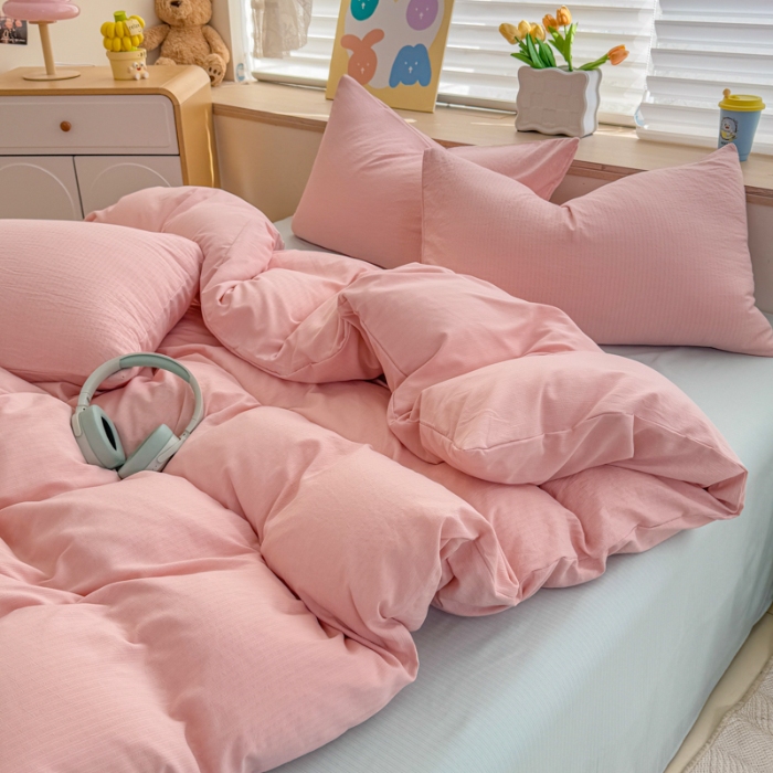 91家纺网 家纺一手货源 找家纺 2026跨境外贸纯色双拼韩国提花棉四件套单被套单床单床笠单品简约素色纯色被套四件套北欧风水洗棉磨毛 T粉色+T水绿