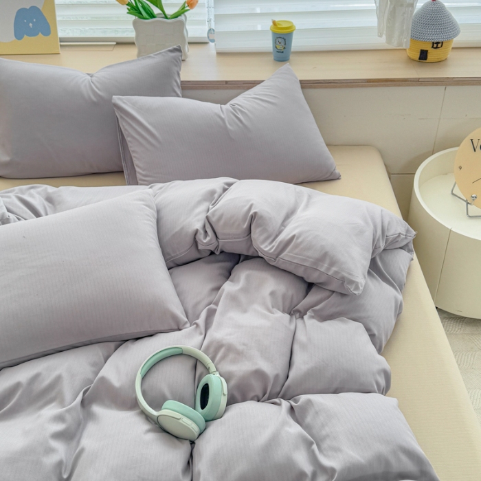 91家纺网 家纺一手货源 找家纺 2026跨境外贸纯色双拼韩国提花棉四件套单被套单床单床笠单品简约素色纯色被套四件套北欧风水洗棉磨毛 T灰色+T卡其