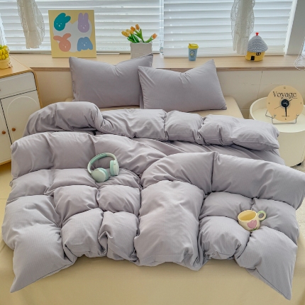2026跨境外贸纯色双拼韩国提花棉四件套单被套单床单床笠单品简约素色纯色被套四件套北欧风水洗棉磨毛 T灰色+T卡其