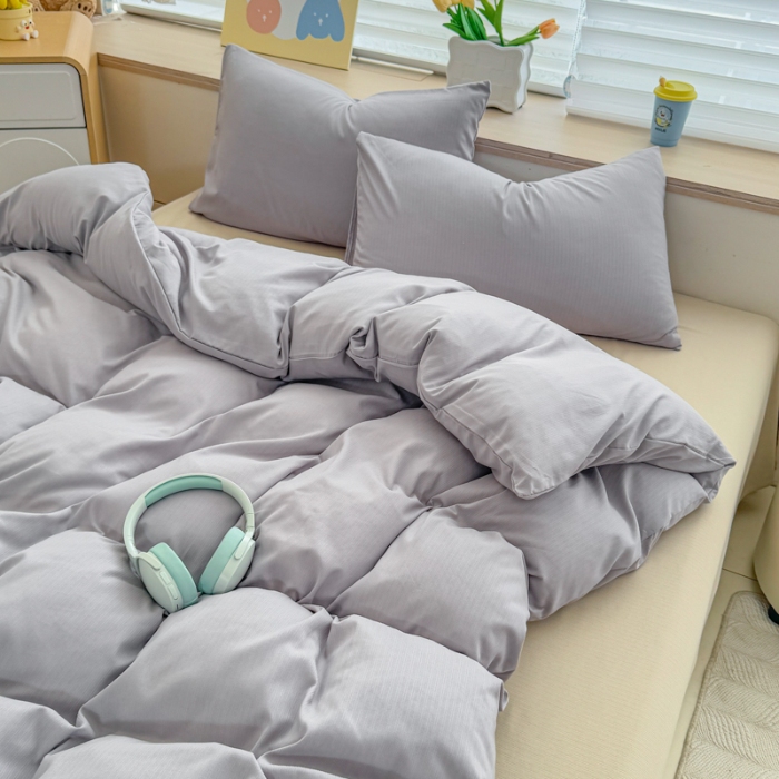 91家纺网 家纺一手货源 找家纺 2026跨境外贸纯色双拼韩国提花棉四件套单被套单床单床笠单品简约素色纯色被套四件套北欧风水洗棉磨毛 T灰色+T卡其