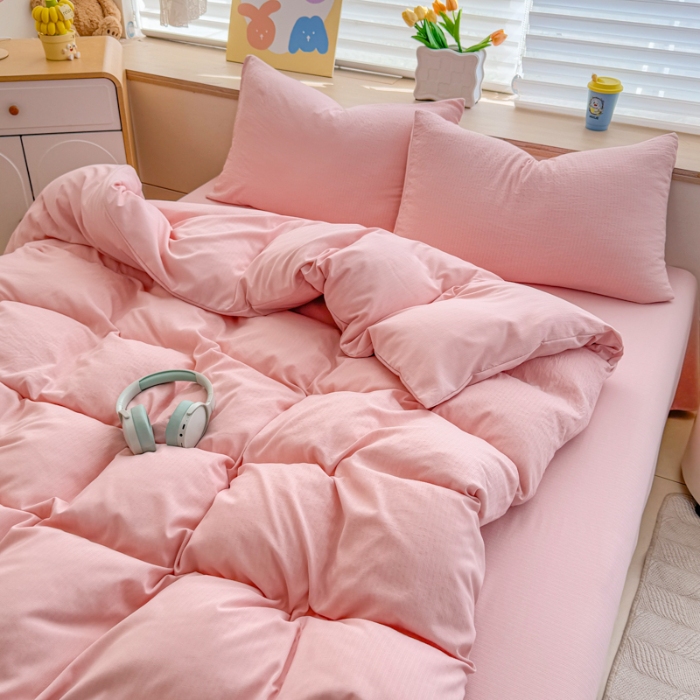 91家纺网 家纺一手货源 找家纺 2026跨境外贸纯色双拼韩国提花棉四件套单被套单床单床笠单品简约素色纯色被套四件套北欧风水洗棉磨毛 T粉色