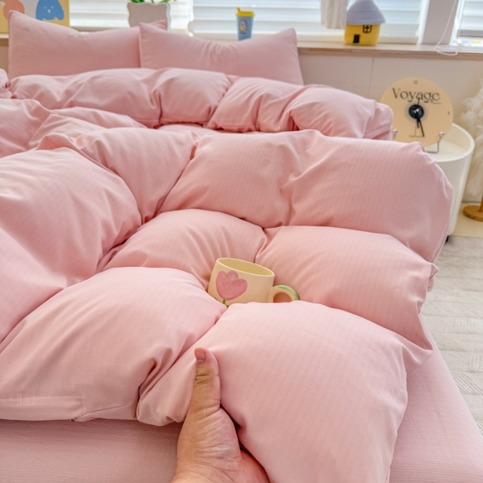 91家纺网 家纺一手货源 找家纺 2026跨境外贸纯色双拼韩国提花棉四件套单被套单床单床笠单品简约素色纯色被套四件套北欧风水洗棉磨毛 T粉色