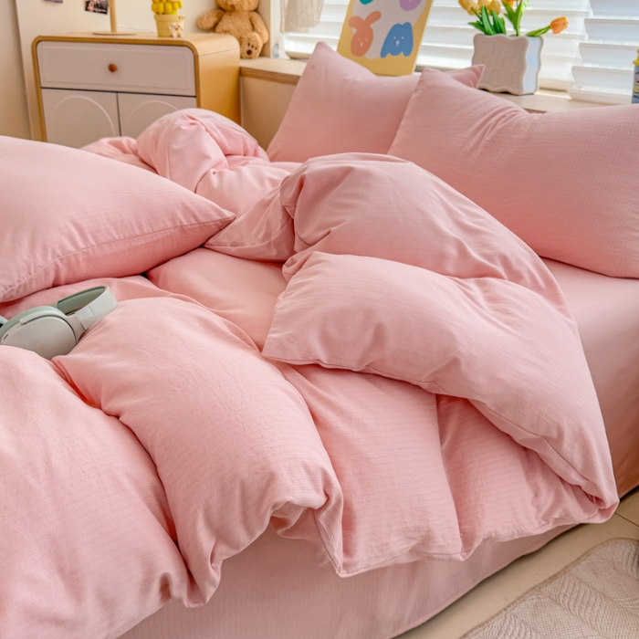 91家纺网 家纺一手货源 找家纺 2026跨境外贸纯色双拼韩国提花棉四件套单被套单床单床笠单品简约素色纯色被套四件套北欧风水洗棉磨毛 T粉色