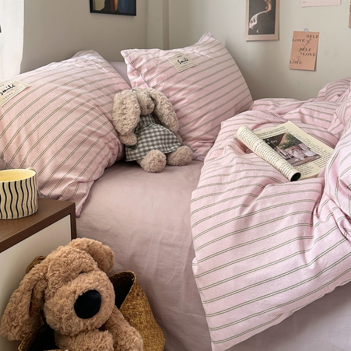 91家纺网 家纺一手货源 找家纺 艾咪-Amy ntmy 2026春夏新款布标款全棉纯棉色织水洗棉四件套-告白 告白-粉条