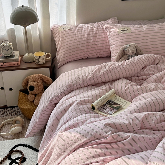 91家纺网 家纺一手货源 找家纺 艾咪-Amy ntmy 2026春夏新款布标款全棉纯棉色织水洗棉四件套-告白 告白-粉条