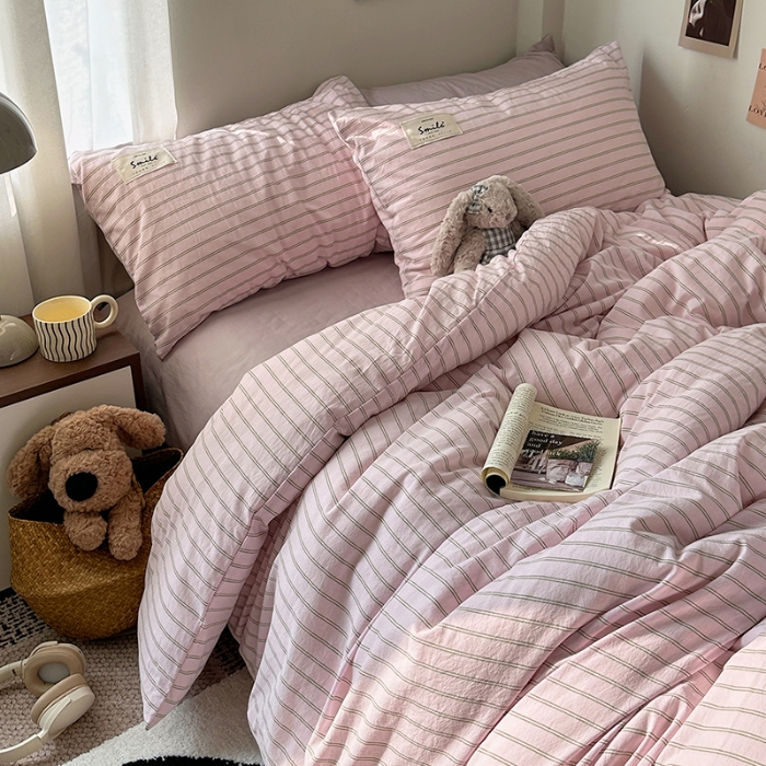 91家纺网 家纺一手货源 找家纺 艾咪-Amy ntmy 2026春夏新款布标款全棉纯棉色织水洗棉四件套-告白 告白-粉条