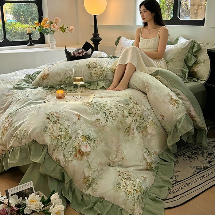 91家纺网 家纺一手货源 找家纺 （总）【苏东来】2026高端韩版法式花边油画纯棉全棉双层纱四件套复古赫本公主风浪漫荷叶边花卉纯棉四件套被套床单