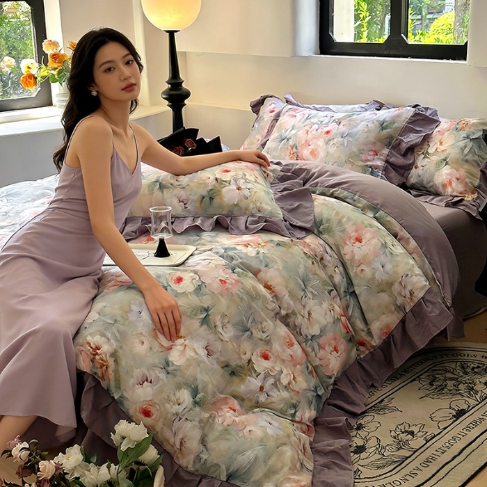 91家纺网 家纺一手货源 找家纺 （总）【苏东来】2026高端韩版法式花边油画纯棉全棉双层纱四件套复古赫本公主风浪漫荷叶边花卉纯棉四件套被套床单