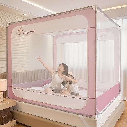 91家纺网 家纺一手货源 找家纺 （总）坐床圆弧款卡通蚊帐免安装婴儿防掉床全底卧室通用三开门拉链方帐