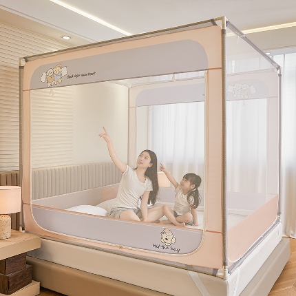 91家纺网 家纺一手货源 找家纺 （总）坐床圆弧款卡通蚊帐免安装婴儿防掉床全底卧室通用三开门拉链方帐