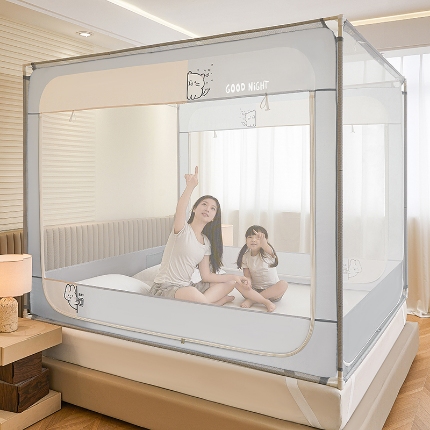 91家纺网 家纺一手货源 找家纺 （总）坐床圆弧款卡通蚊帐免安装婴儿防掉床全底卧室通用三开门拉链方帐