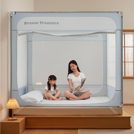 91家纺网 家纺一手货源 找家纺 （总）坐床圆弧款卡通蚊帐免安装婴儿防掉床全底卧室通用三开门拉链方帐