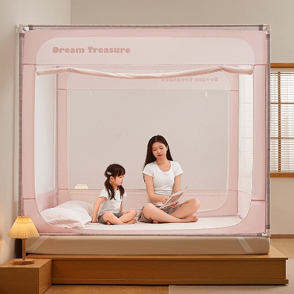 91家纺网 家纺一手货源 找家纺 （总）坐床圆弧款卡通蚊帐免安装婴儿防掉床全底卧室通用三开门拉链方帐