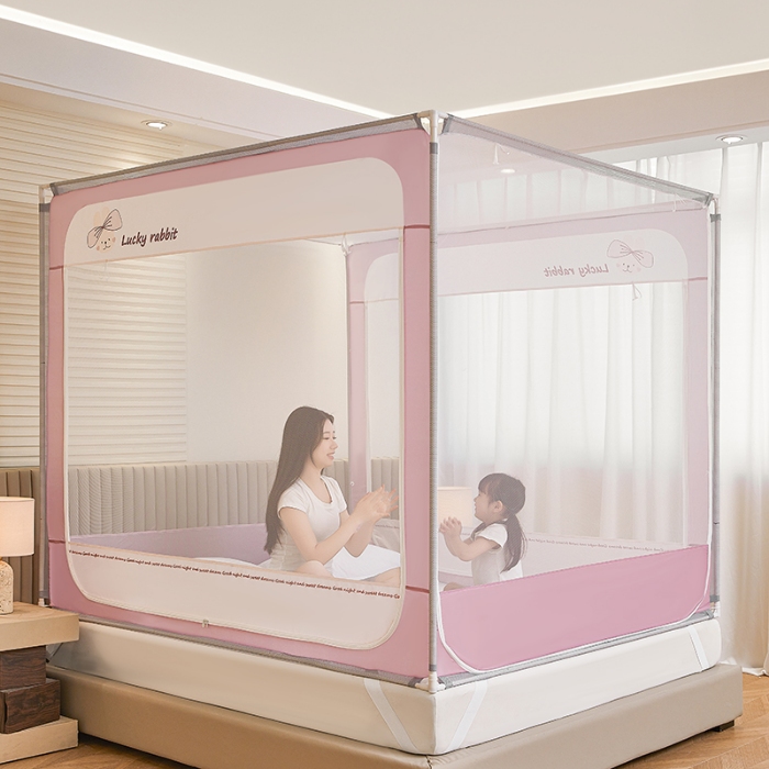 91家纺网 家纺一手货源 找家纺 （总）坐床圆弧款卡通蚊帐免安装婴儿防掉床全底卧室通用三开门拉链方帐