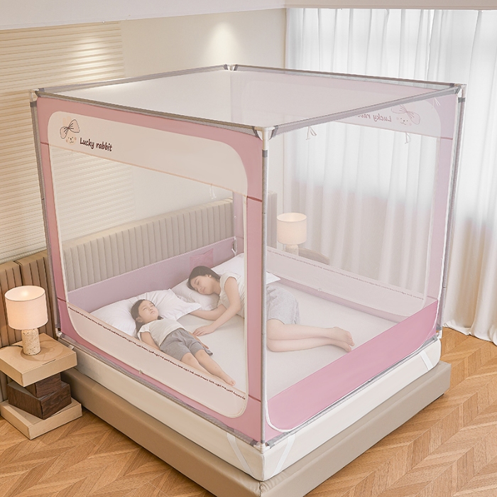 91家纺网 家纺一手货源 找家纺 （总）坐床圆弧款卡通蚊帐免安装婴儿防掉床全底卧室通用三开门拉链方帐