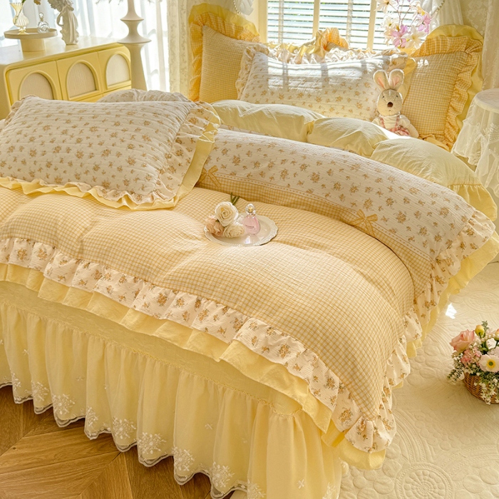 91家纺网 家纺一手货源 找家纺 （总）2026苏米娜法式双层花边印花小碎花全棉纯棉床盖款四件套小竺棉水洗棉麻床裙款泡泡棉