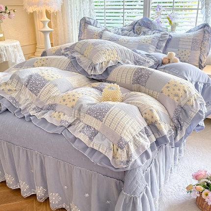 91家纺网 家纺一手货源 找家纺 （总）2026苏米娜法式双层花边印花小碎花全棉纯棉床盖款四件套小竺棉水洗棉麻床裙款泡泡棉