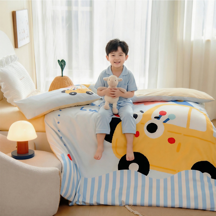 91家纺网 家纺一手货源 找家纺 绒梦里 2026新款A类全棉卡通大版数码印花幼儿园被子三件套儿童套件被套