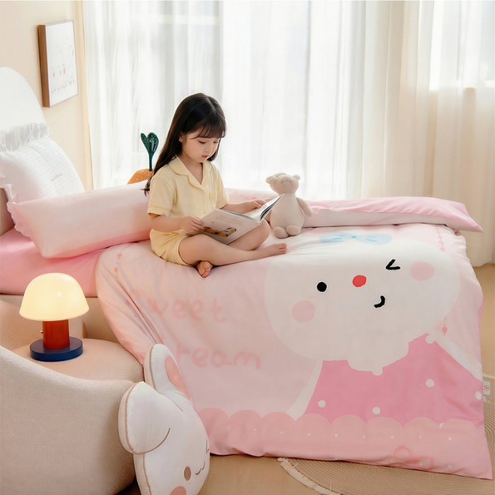 91家纺网 家纺一手货源 找家纺 绒梦里 2026新款A类全棉卡通大版数码印花幼儿园被子三件套儿童套件被套